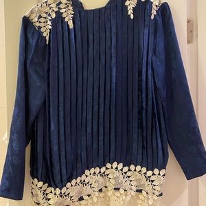Jessica McClintock navy blue with cream lace detail. vintage 1980’s.